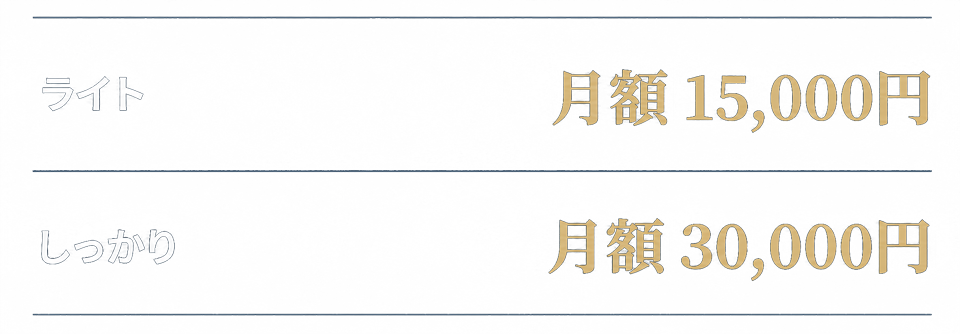ライト　月額15,000円、しっかり　月額 30,000円